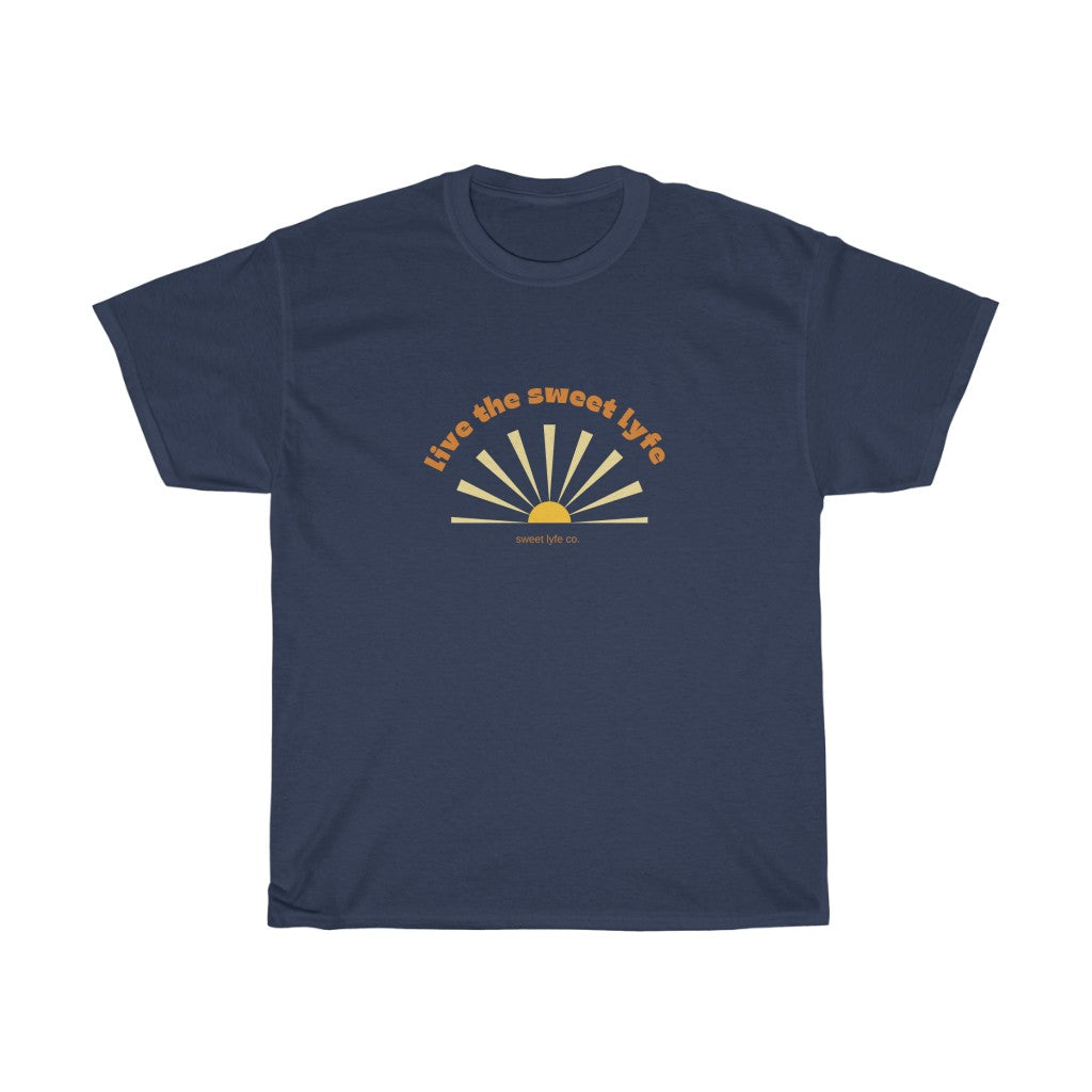 Sunshine is good for the mind, body, adn soul.  Live the sunny sweet lyfe with this retro graphic cotton t-shirt.  With both comfort and style in mind, this t-shirt is made with a plush cotton that is great for sunny days.  Step up your style and add this to your wardrobe today.