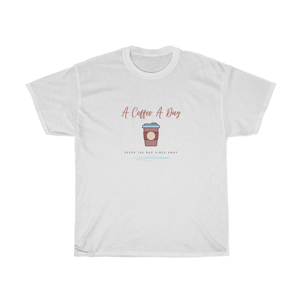 Keep the bad vibes away with a coffee (or two) a day.  This funny coffee cotton t-shirt shows off your love for caffeine and made with a soft cotton material, you can stay comfy all day long. Designed for the girl who loves coffee and has great style.