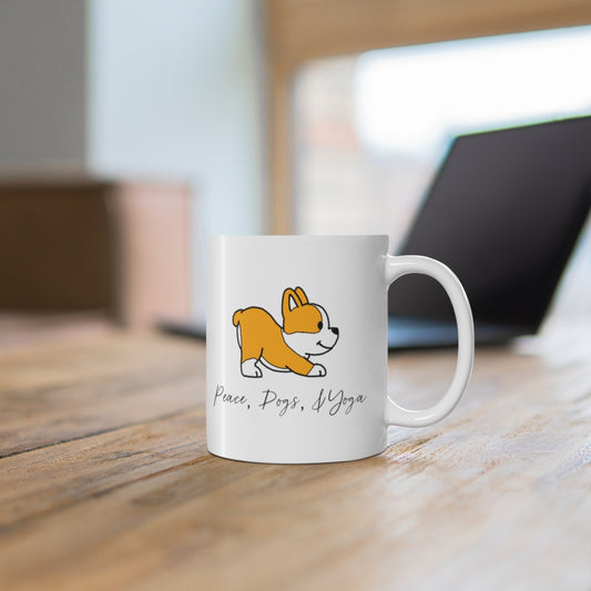 Peace, Dogs, and Yoga... the only things that matter! This mug is perfect for planning those yoga classes, or for that daily stretch at home with your pup! Great gift for the dog and yoga lovers in your life. Namaste! This mug is 11 oz, lead and BPA free, and microwave and dishwasher safe!