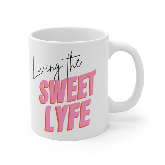 Living the sweet lyfe in a sunny state of mind. This ceramic mug gives off girly vibes. With light pink lettering, you can make your morning pop and show off your trendy side. Grab this mug and let the compliments roll in and keep the good times going. This mug is 11 oz, lead and BPA free, and microwave and dishwasher safe!
