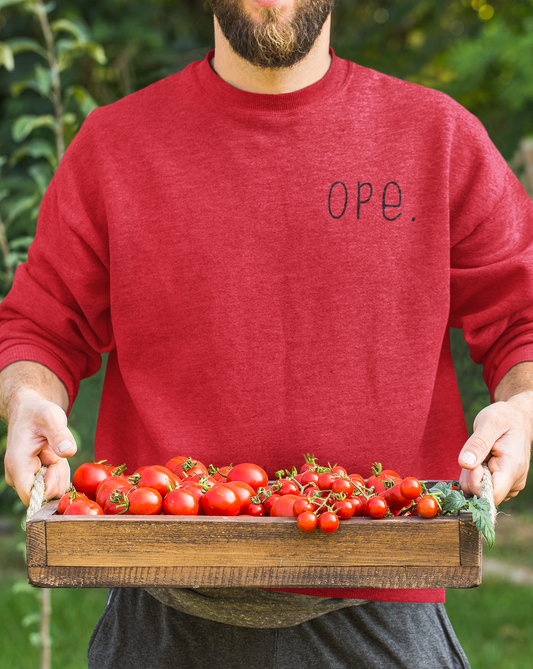 Ope. Ope is a tiny exclamation of surprise, a word you would use if you, say, accidentally bumped into somebody. As in: "Ope, sorry!" This crewneck sweatshirt can do the polite apologies so you don't have to! Perfect gift for that midwestern soul in your life!