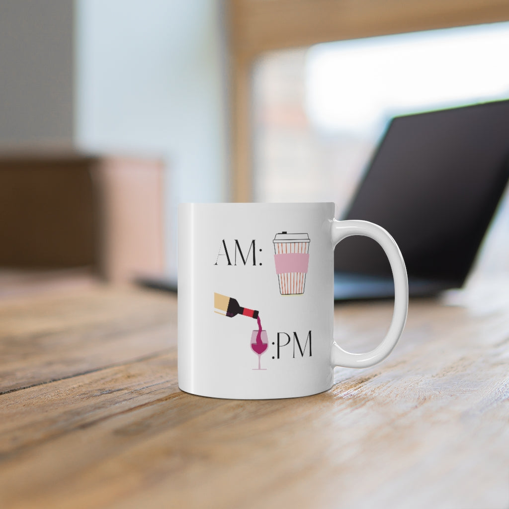 This cute ceramic mug shows off your schedule... coffee in the morning and wine at night, there is no other way.  With bright pinks and reds, this mug stands out and is the perfect piece to add to your collection.  This mug is 11 oz, lead and BPA free, and microwave and dishwasher safe! 