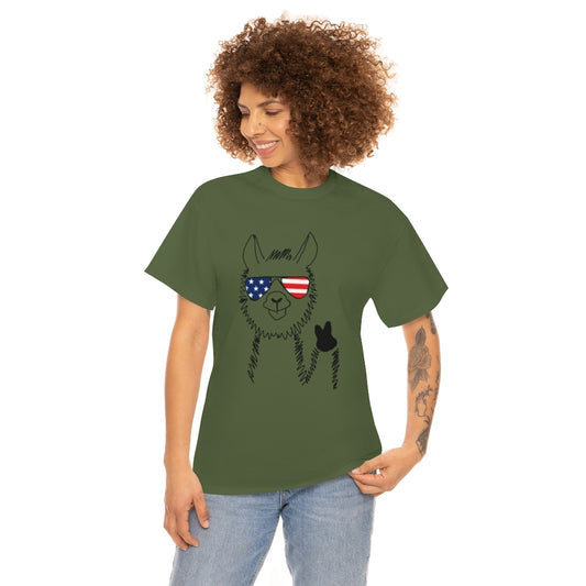 Llama with American Flag Sunglasses Cotton T-shirt