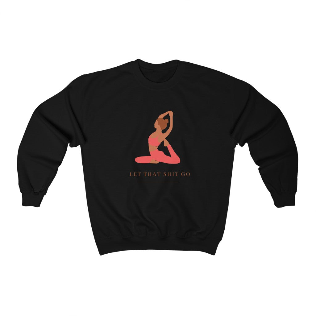 Take a deep breath in and out. This yoga inspired crewneck sweatshirt is designed with the phrase “Let That Shit Go”. Manifest all good things coming to you in the future with this stylish piece. Wear it with your favorite pair of leggings and feel all the good vibes. Made with a plush cotton, it is like wearing a blanket.
