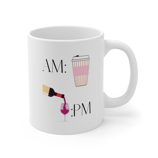 This cute ceramic mug shows off your schedule... coffee in the morning and wine at night, there is no other way. With bright pinks and reds, this mug stands out and is the perfect piece to add to your collection. This mug is 11 oz, lead and BPA free, and microwave and dishwasher safe!