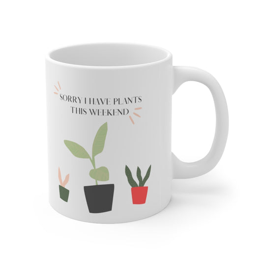 When all you want is a night in with your plants. This punny ceramic mug is bright and fun and says, “Sorry I Have Plants This Weekend”. Great for introverts and all who just like alone time and self care. Add this stylish funny mug to your collection today. This mug is 11 oz, lead and BPA free, and microwave and dishwasher safe!