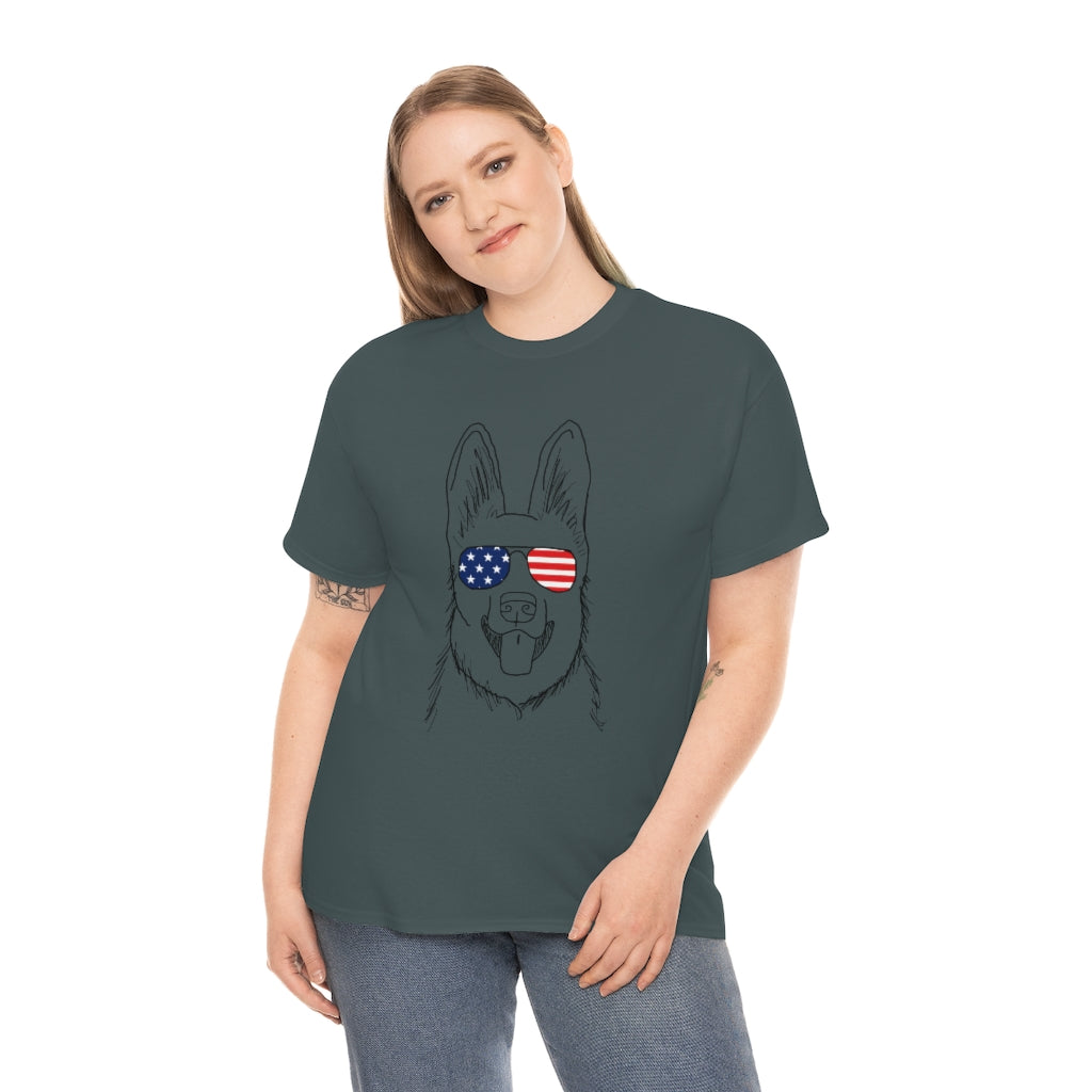 German Shepherd with American Flag Sunglasses Cotton T-shirt