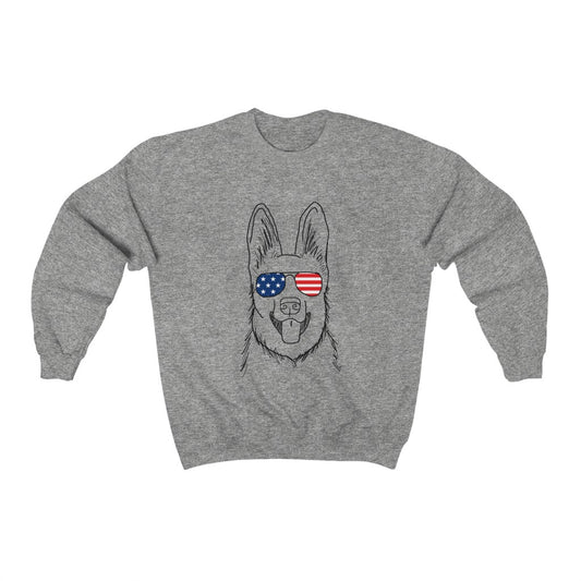 German Shepherd with American Flag Sunglasses Crewneck Sweatshirt