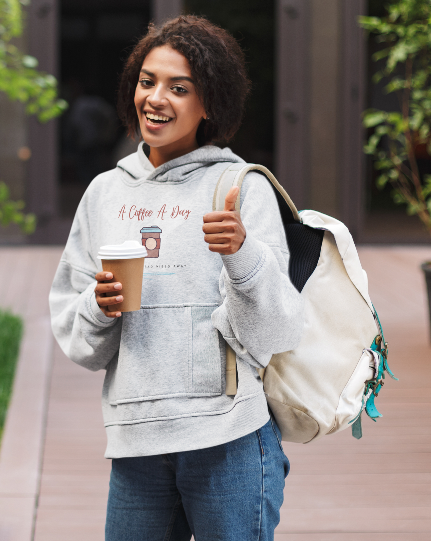 Keep the bad vibes away with a coffee (or two) a day.  This funny coffee hoodie shows off your love for caffeine and made with a soft cotton material, you can stay comfy all day long. Designed for the girl who loves coffee and has great style.