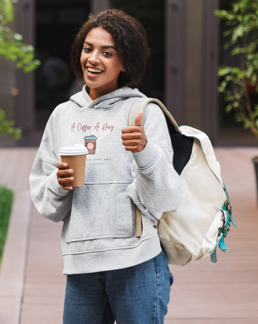 Keep the bad vibes away with a coffee (or two) a day. This funny coffee hoodie shows off your love for caffeine and made with a soft cotton material, you can stay comfy all day long. Designed for the girl who loves coffee and has great style.