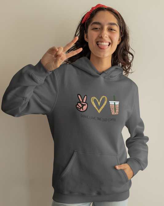 Peace, Love, and Iced Coffee... the only things that matter! This hoodie sweatshirt is perfect for those brisk morning walks to get coffee, or just for cozying up at home with your favorite iced coffee in hand. This hoodie makes the perfect gift for that iced coffee drinker in your life!