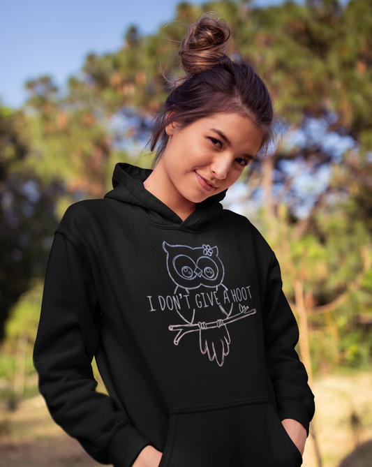 I Don't Give a Hoot! This funny hoodie sweatshirt is a great way to show your personal sense of humor and your love for cute owls! Also makes a perfect gift for that punny friend in your life!