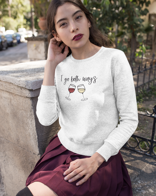 I go both ways! This funny crewneck sweatshirt is perfect for all you wine lovers out there. If you don't discriminate when it comes to white wine or red wine, this crew is for you.  Great for those chilly days out at the vineyards, or just cozying up at home with your favorite glass of wine.