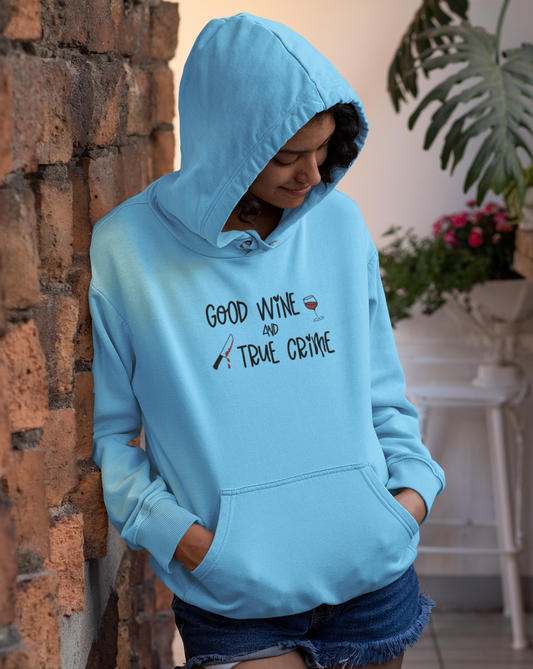 Good Wine and True Crime! This cozy hoodie sweatshirt is perfect for a night of cuddling, sipping wine, and watching that true crime documentary. This hoodie is the perfect gift for the true crime junkie in your life!