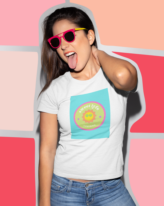 This bright fun colorful cotton t-shirt has a retro design with a sun wearing sunglasses. With fun pops of color, this cute graphic t-shirt is a unique piece to add to your collection. Make people smile and show off your style and always remember you are living the sweet lyfe.
