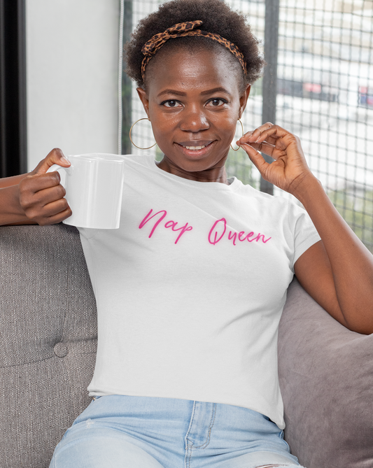 Nap Queen! This cotton t-shirt is perfect for those days when you can just cuddle up and take a nap! Or even if you just wish you could take a nap at all times! This is the perfect gift to give to that one person who is always napping!
