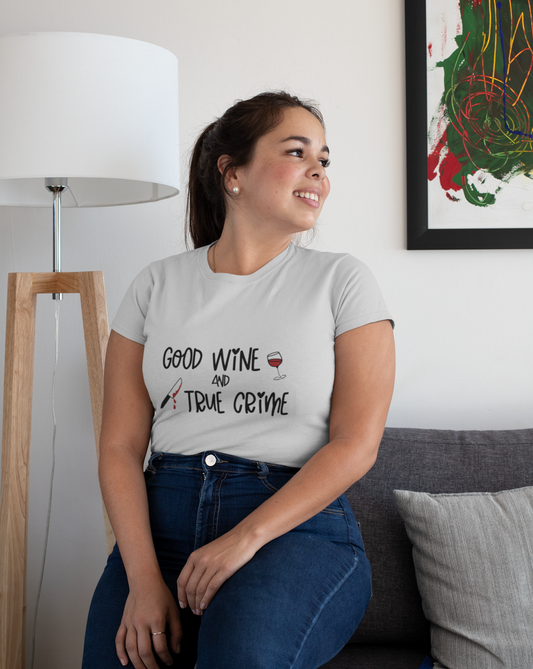 Good Wine and True Crime! This cotton t-shirt is perfect for a night of cuddling, sipping wine, and watching that true crime documentary. This t-shirt is the perfect gift for the true crime junkie in your life!