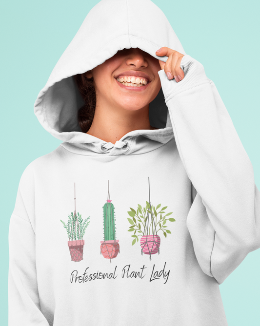 If you have kept your plants alive for more than a week, you are basically a professional. This "Professional Plant Lady" hoodie is both stylish and funny. Made with super soft cotton and is perfect for all day wear. Upgrade your style today with this cute plant lover sweatshirt.