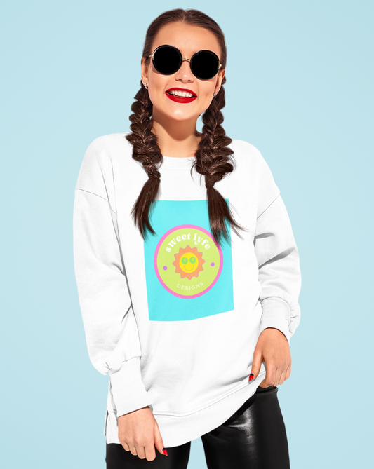 This bright fun colorful crewneck sweatshirt has a retro design with a sun wearing sunglasses. With fun pops of color, this cute graphic sweatshirt is a unique piece to add to your collection. Make people smile and show off your style and always remember you are living the sweet lyfe.