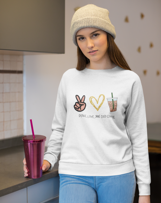 Peace, Love, and Iced Coffee... the only things that matter! This crewneck sweatshirt is perfect for those brisk morning walks to get coffee, or just for cozying up at home with your favorite iced coffee in hand. This sweatshirt makes the perfect gift for that iced coffee drinker in your life!