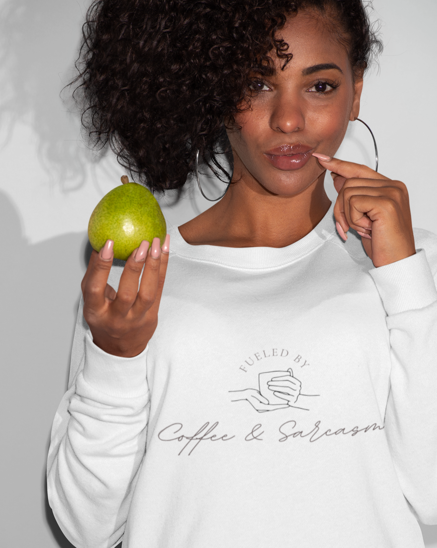 Fueled by coffee and sarcasm, that's all there is to it. Show off your love for coffee and sass with this crewneck sweatshirt. Designed with a soft cotton, you can stay comfortable on your way to the coffee shop with a whole bunch of attitude. 