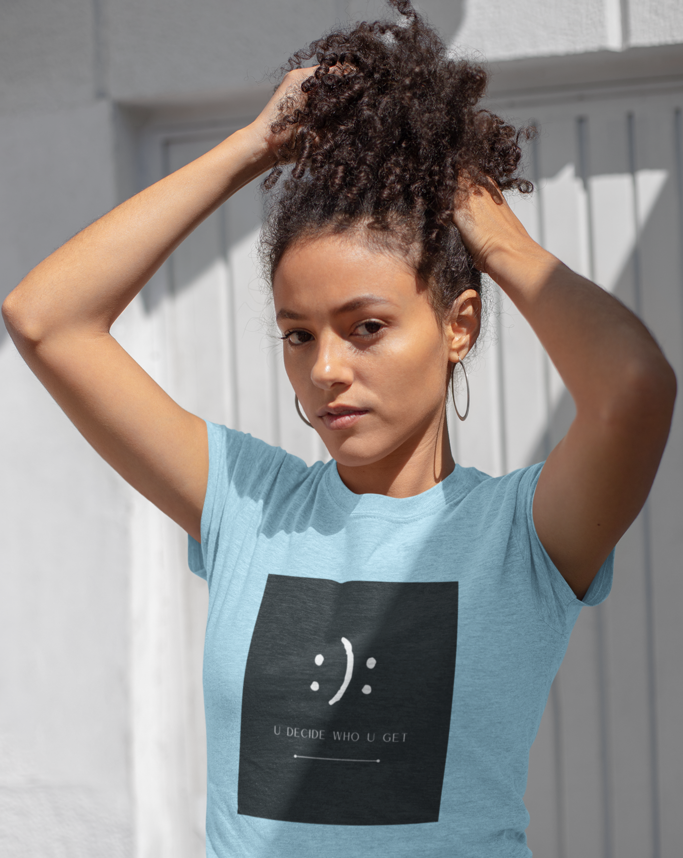 The you decide who you get smiley face cotton t-shirt is perfect for people who can't hide their emotions on their face.  This smiley face will let people know up front your personality in a fun and sassy way.  The edgy modern graphic will fit easily into your stylish wardrobe!