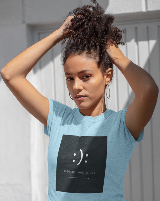 The you decide who you get smiley face cotton t-shirt is perfect for people who can't hide their emotions on their face. This smiley face will let people know up front your personality in a fun and sassy way. The edgy modern graphic will fit easily into your stylish wardrobe!