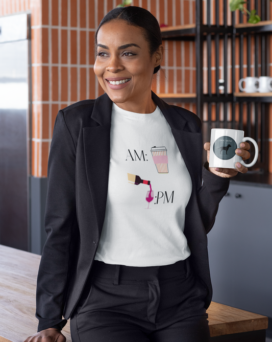 This cute cotton t-shirt shows off your schedule... coffee in the morning and wine at night, there is no other way.  With bright pinks and reds, this t-shirt stands out and is a perfect cozy piece to add to your collection.  Designed with a luxurious cotton, you will never want to take it off.