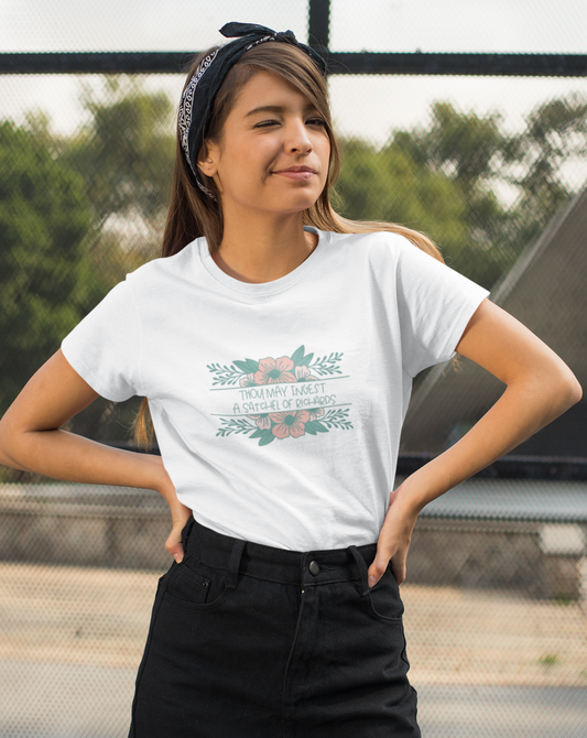 Thou may ingest a satchel of Richards. For those days when all you want to do is tell someone to eat a bag of d****, but need to be polite. This cotton t-shirt is a great way to get your point across in a not so vulgar manner. Stay classy and cool at the same time in your new favorite tee!
