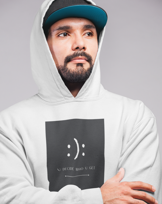 The you decide who you get smiley face hoodie sweatshirt is perfect for people who can't hide their emotions on their face. This smiley face will let people know up front your personality in a fun and sassy way. The edgy modern graphic will fit easily into your stylish wardrobe!