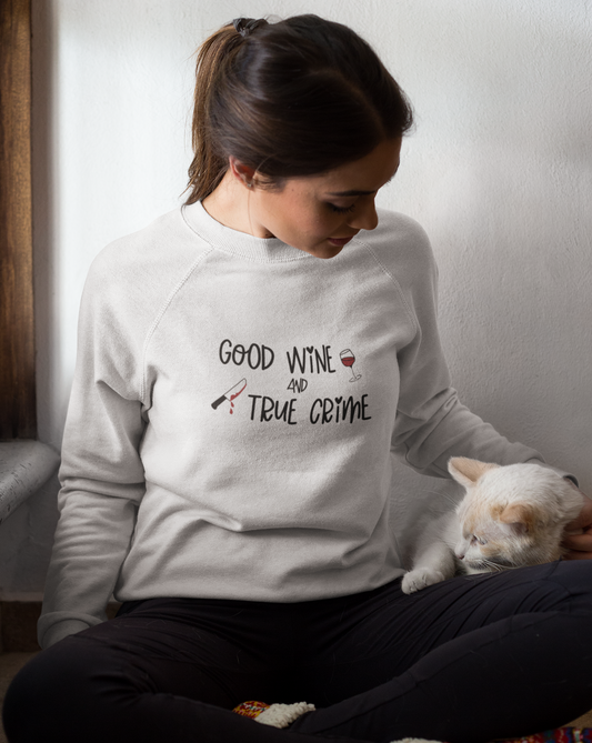 Good Wine and True Crime! This cozy crewneck sweatshirt is perfect for a night of cuddling, sipping wine, and watching that true crime documentary. This crew is the perfect gift for the true crime junkie in your life!